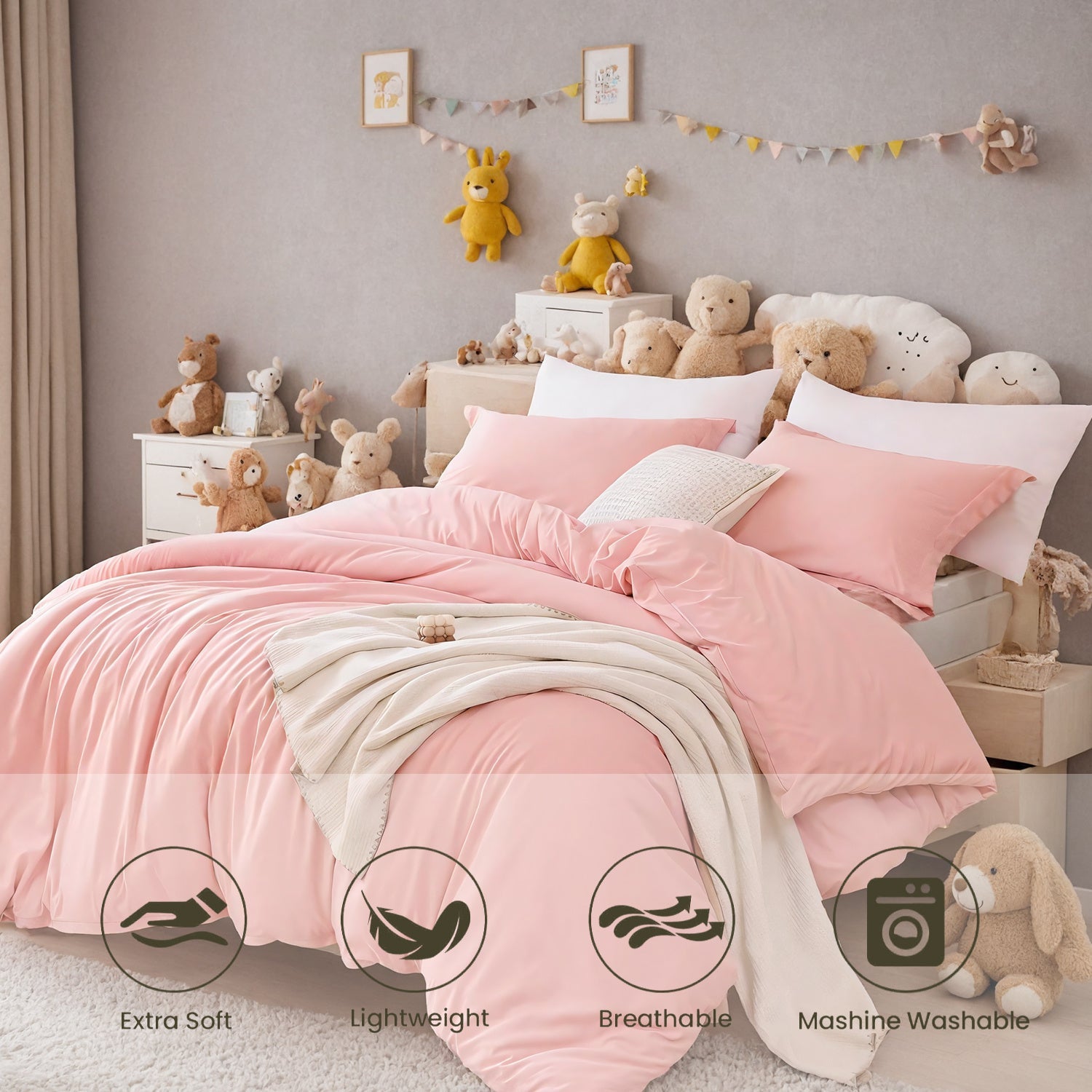 HKM-638675 Soft Microfiber Pink Quilt Cover and Pillowcase Set – Three-Piece Bedding Collection