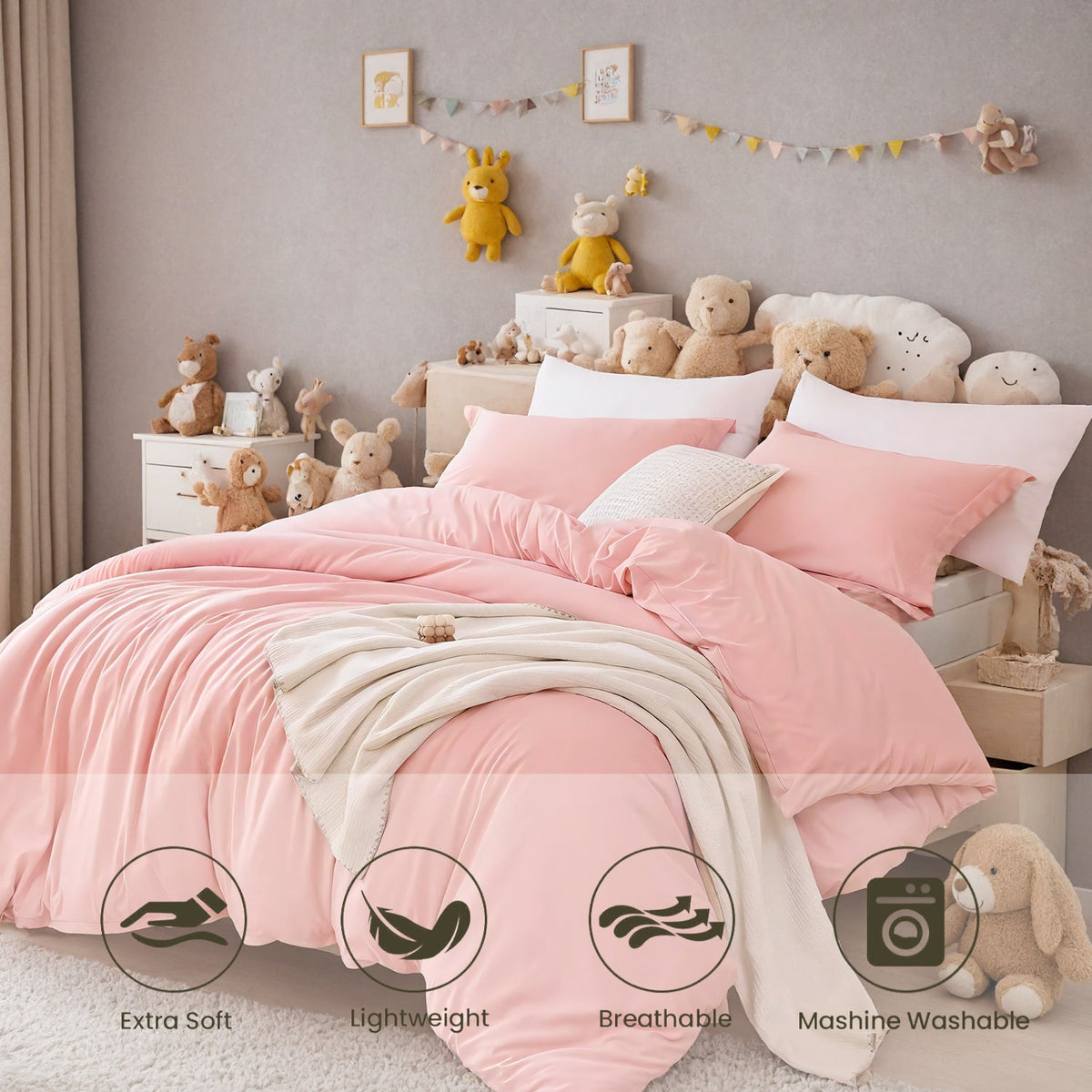 HKM-638675 Soft Microfiber Pink Quilt Cover and Pillowcase Set – Three-Piece Bedding Collection