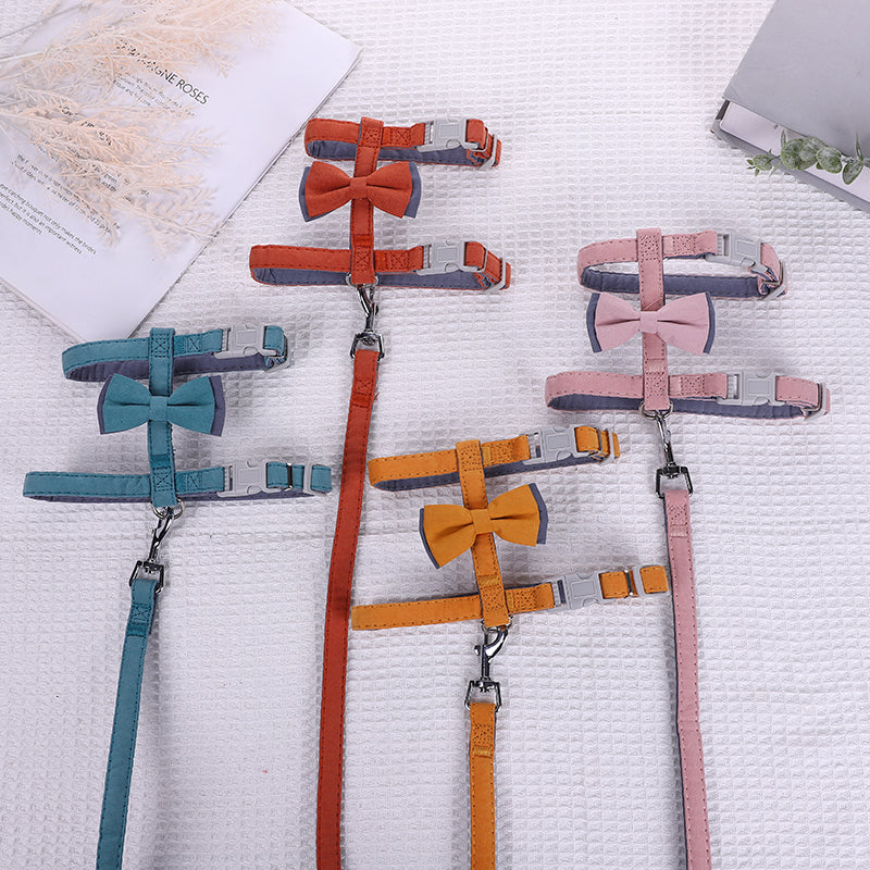 HKM-6387261 Color-Blocked Cotton-Filled Cat Leash with Bow Knot and Adjustable Chest Strap