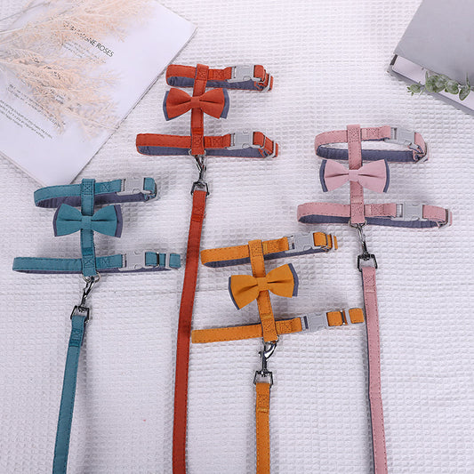 HKM-6387261 Color-Blocked Cotton-Filled Cat Leash with Bow Knot and Adjustable Chest Strap