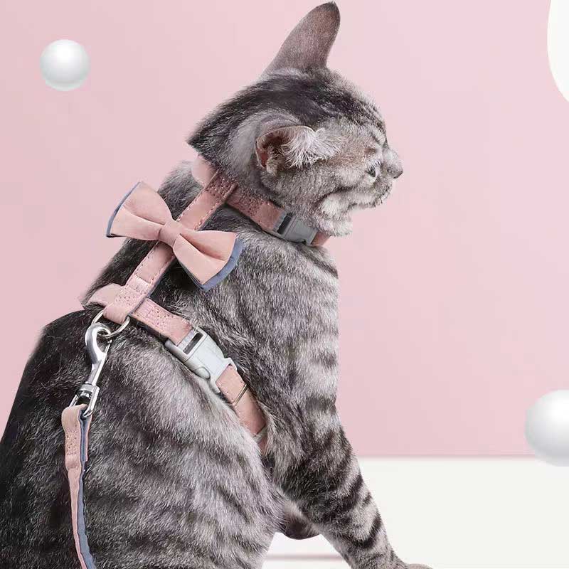HKM-6387261 Color-Blocked Cotton-Filled Cat Leash with Bow Knot and Adjustable Chest Strap