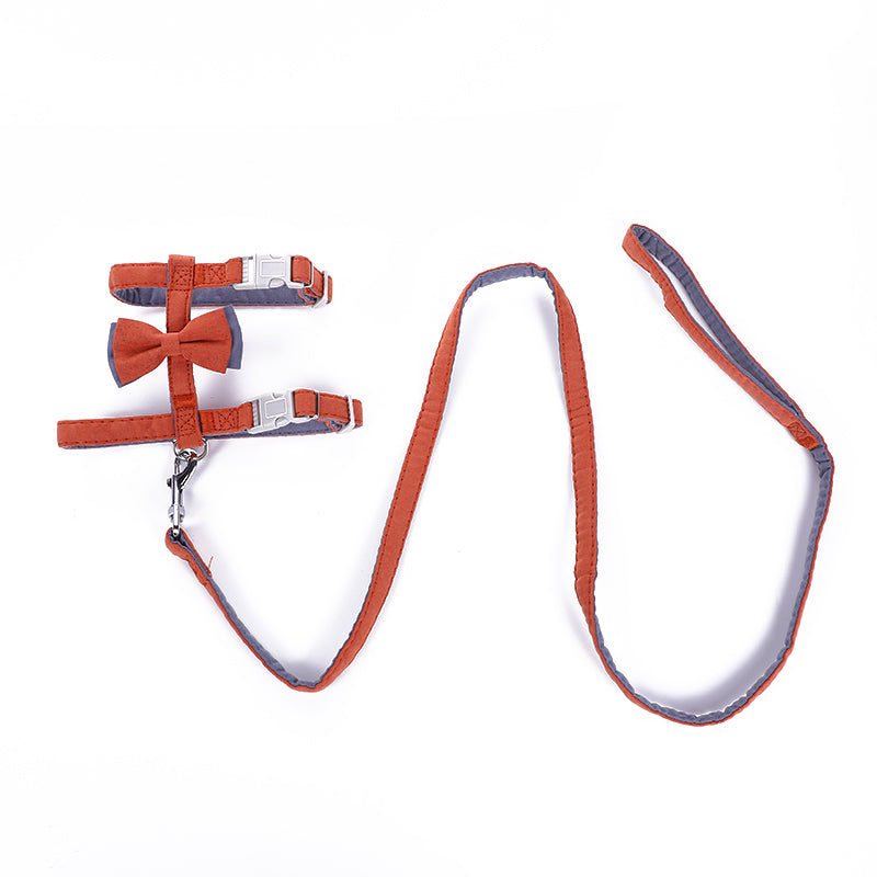 HKM-6387261 Color-Blocked Cotton-Filled Cat Leash with Bow Knot and Adjustable Chest Strap