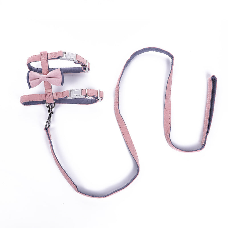 HKM-6387261 Color-Blocked Cotton-Filled Cat Leash with Bow Knot and Adjustable Chest Strap