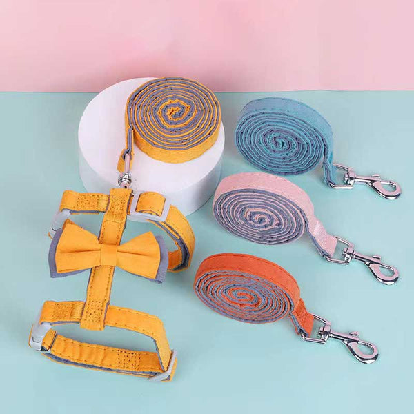 HKM-6387261 Color-Blocked Cotton-Filled Cat Leash with Bow Knot and Adjustable Chest Strap