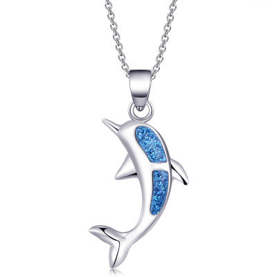 HKM-6387645 Opal Resin Dolphin Pendant Necklace with Alloy Chain, Ocean Inspiration