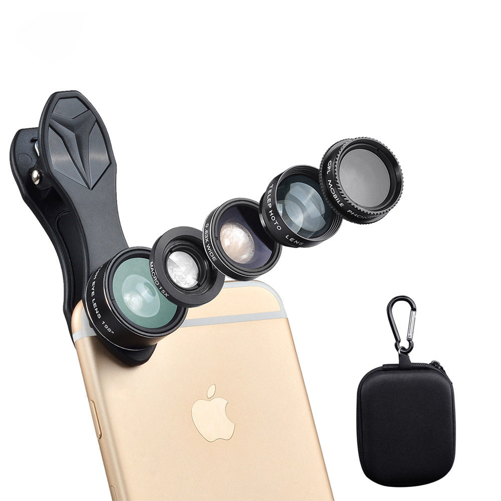 HKM-638931 5-in-1 Mobile Phone Lens Set with Fisheye, Wide-Angle, Macro, Teleconverter, and Polarizer Lenses