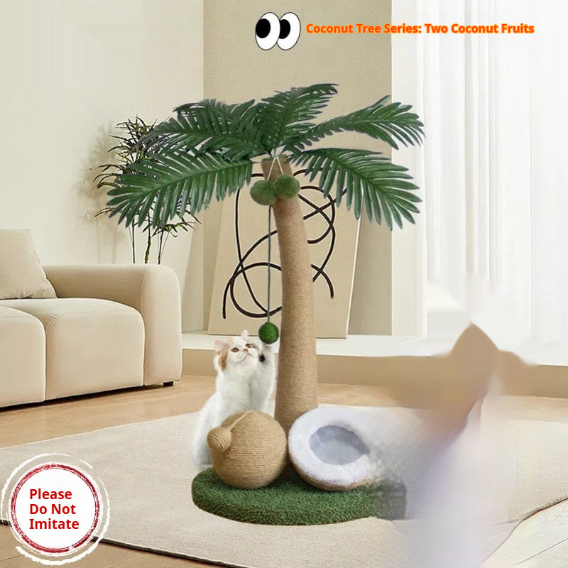 HKM-6394045 Coconut Tree Style Cat Scratching Post - Wooden, Green & Camel, 40x40x72cm