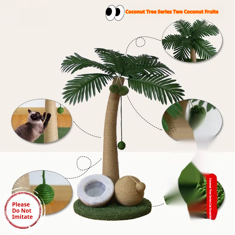HKM-6394045 Coconut Tree Style Cat Scratching Post - Wooden, Green & Camel, 40x40x72cm