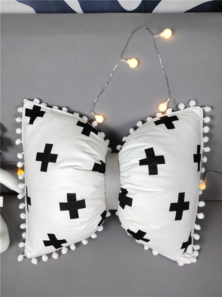 HKM-639571 Black and White Striped Cotton Bow Waist Pillow for Comfortable Lunch Breaks
