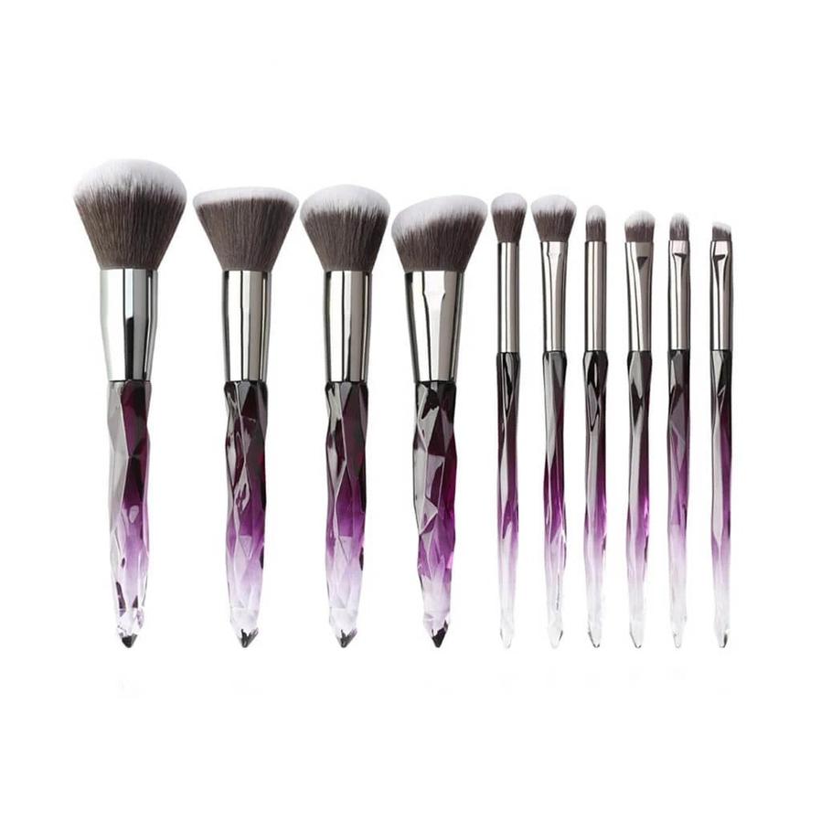 HKM-639571 Crystal Diamond Makeup Brush Set with Long Plastic Handles - 10 Nylon Brushes