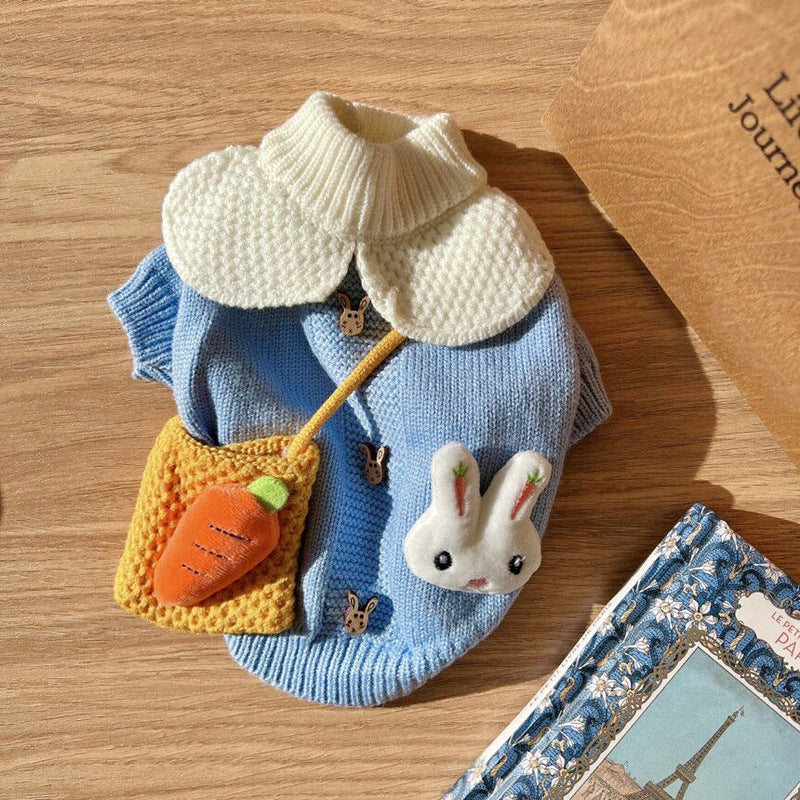 HKM-640083 Cute Blue Rabbit Sweater for Pets - Knitted Pullover for Autumn and Winter