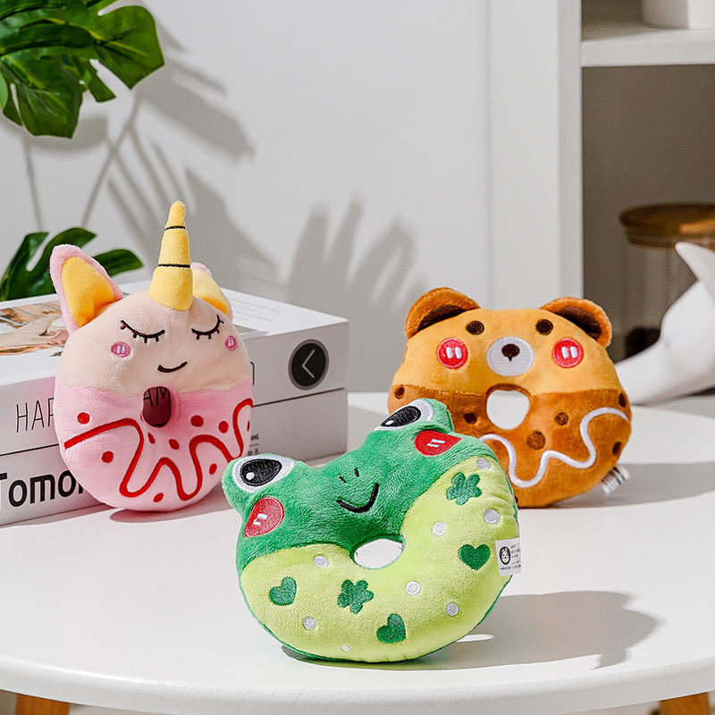HKM-6405949 Plush Donut Sound Toy for Small and Medium Pets - Bear, Unicorn, Frog Designs