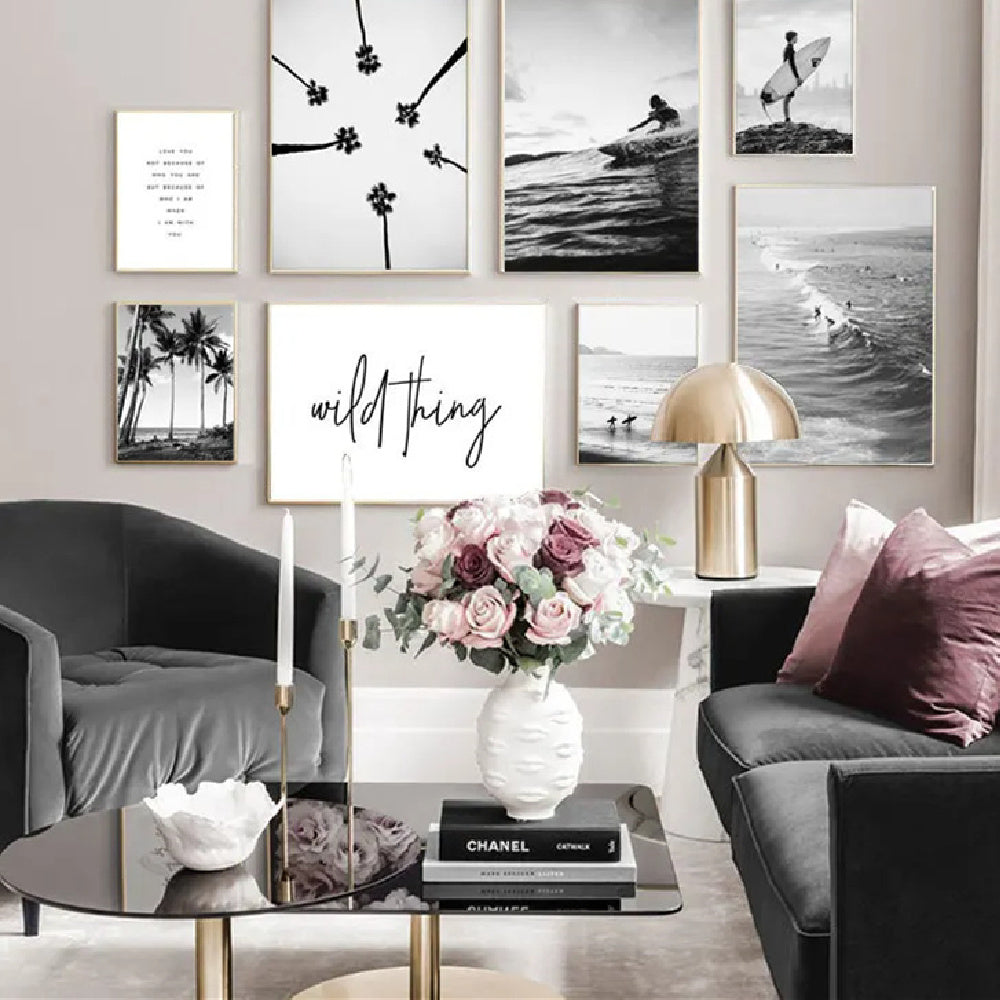 HKM-640595 Nordic Black and White Seaside Landscape Canvas Wall Poster - Frameless Artwork for Holiday Surfing Decor