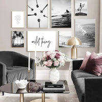HKM-640595 Nordic Black and White Seaside Landscape Canvas Wall Poster - Frameless Artwork for Holiday Surfing Decor