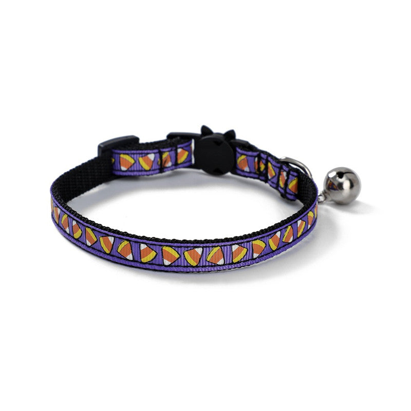 HKM-6408253 Halloween-Themed Cat Collar in Multiple Patterns: Spider Web, Skull, Candy, Pumpkin - Adjustable Size S (1.0*28cm)