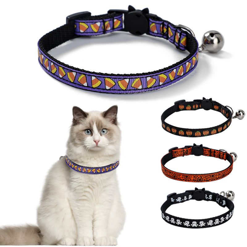 HKM-6408253 Halloween-Themed Cat Collar in Multiple Patterns: Spider Web, Skull, Candy, Pumpkin - Adjustable Size S (1.0*28cm)