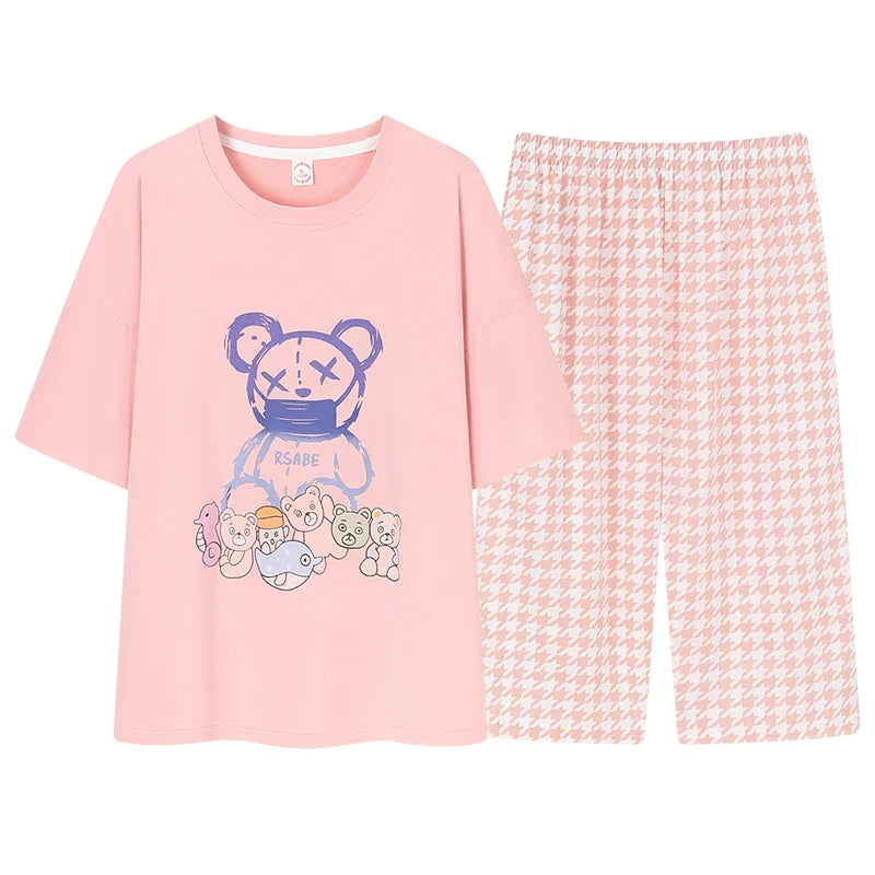 HKM-641043 Short-sleeved Seven-point Pants Set Two-piece Simple Sweet Pajamas All Cotton Home Wear Women's Summer Pajamas
