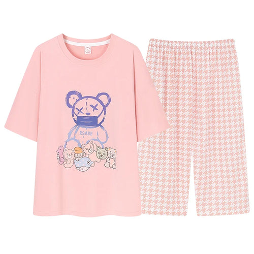 HKM-641043 Short-sleeved Seven-point Pants Set Two-piece Simple Sweet Pajamas All Cotton Home Wear Women's Summer Pajamas