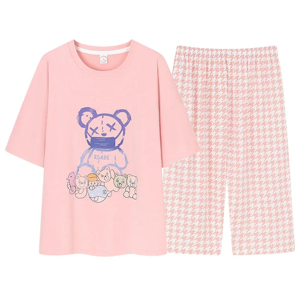 HKM-641043 Short-sleeved Seven-point Pants Set Two-piece Simple Sweet Pajamas All Cotton Home Wear Women's Summer Pajamas