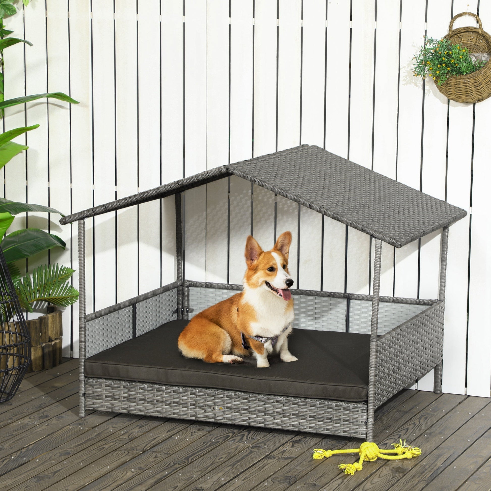 HKM-6410685 Charcoal Gray Rattan Outdoor Dog Bed with Canopy and Comfortable Cushion for Medium to Large Dogs