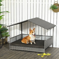 HKM-6410685 Charcoal Gray Rattan Outdoor Dog Bed with Canopy and Comfortable Cushion for Medium to Large Dogs