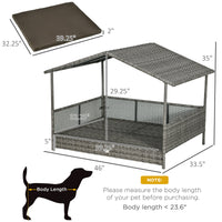 HKM-6410685 Charcoal Gray Rattan Outdoor Dog Bed with Canopy and Comfortable Cushion for Medium to Large Dogs