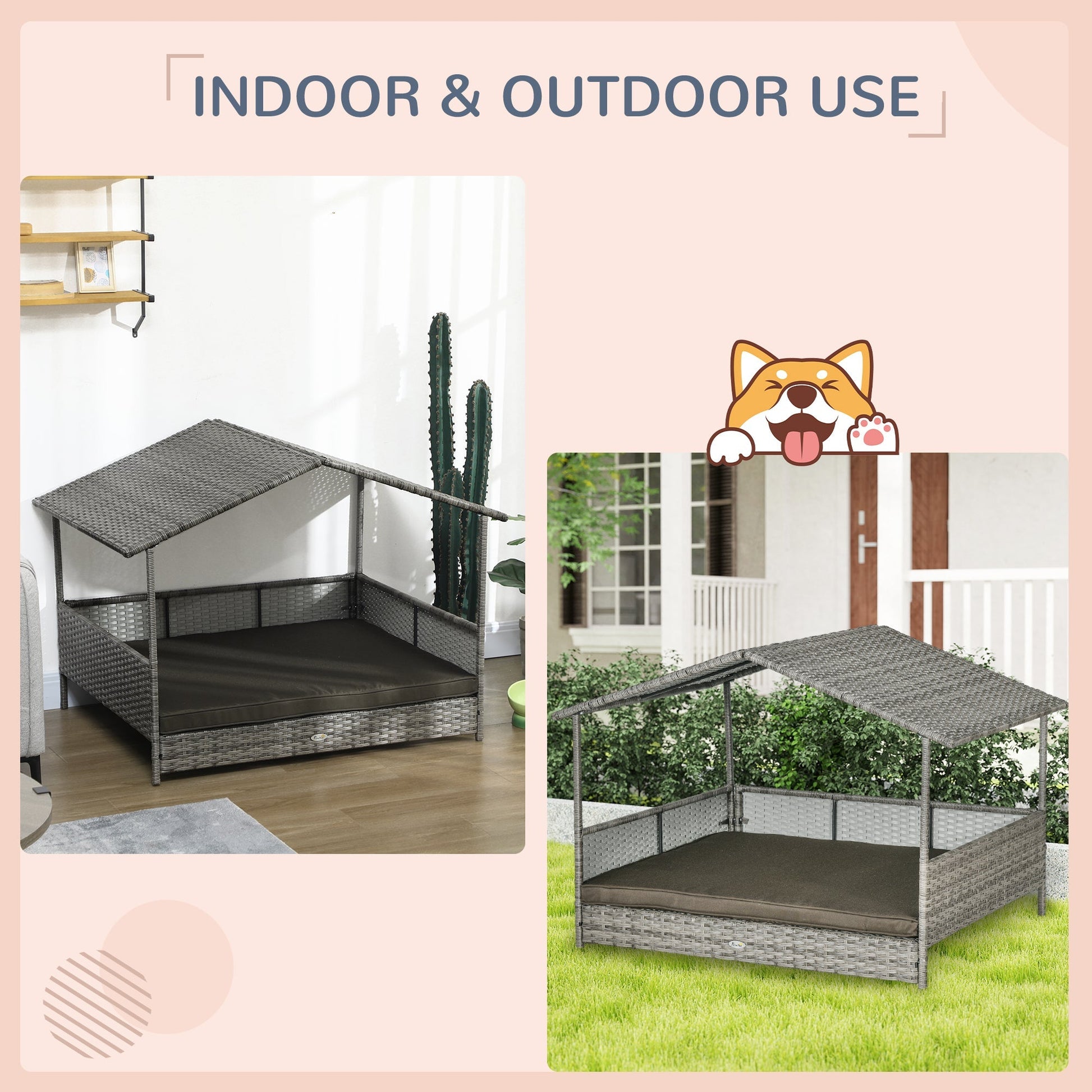 HKM-6410685 Charcoal Gray Rattan Outdoor Dog Bed with Canopy and Comfortable Cushion for Medium to Large Dogs