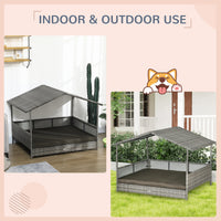 HKM-6410685 Charcoal Gray Rattan Outdoor Dog Bed with Canopy and Comfortable Cushion for Medium to Large Dogs