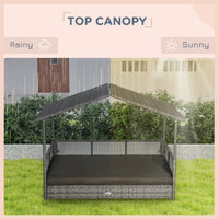 HKM-6410685 Charcoal Gray Rattan Outdoor Dog Bed with Canopy and Comfortable Cushion for Medium to Large Dogs