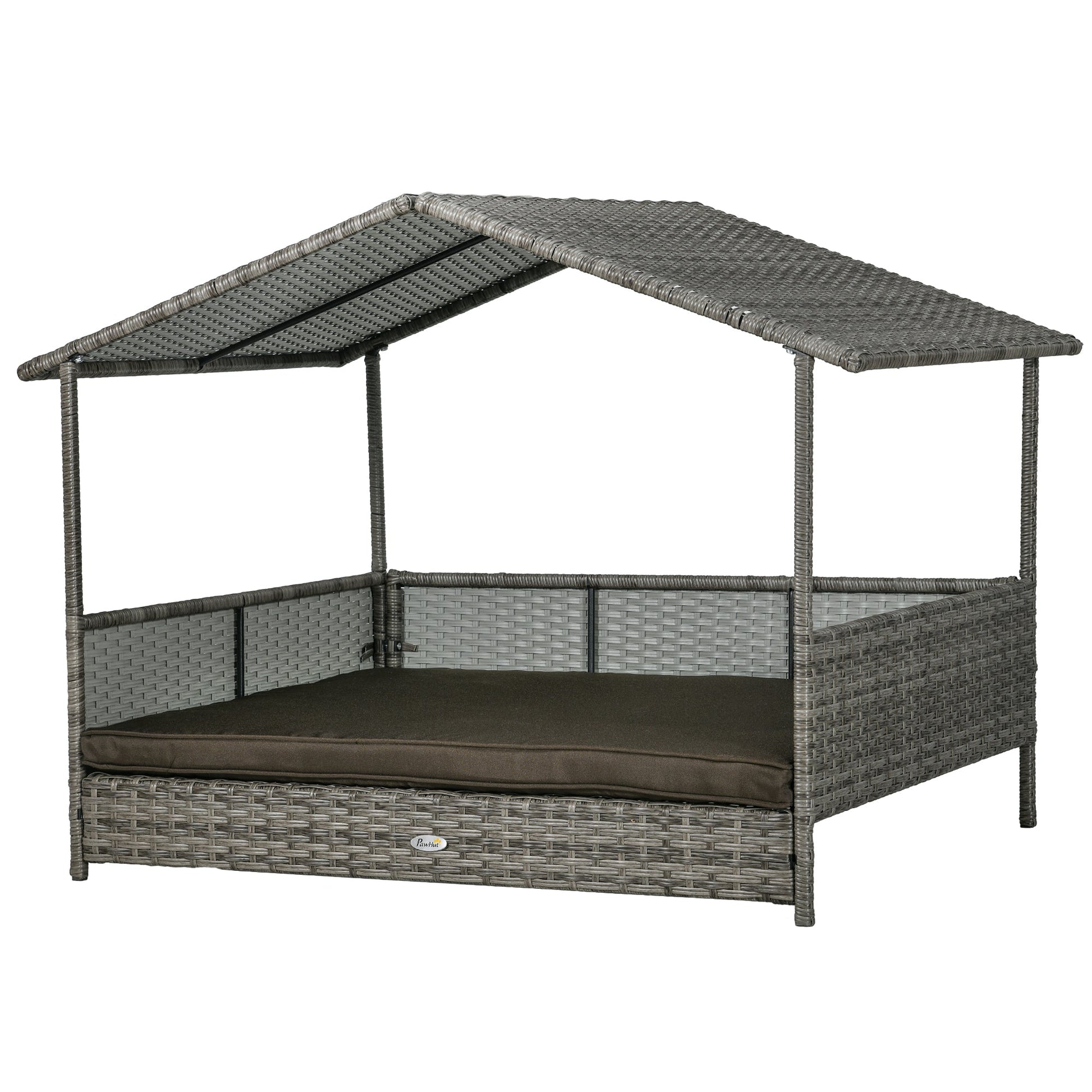 HKM-6410685 Charcoal Gray Rattan Outdoor Dog Bed with Canopy and Comfortable Cushion for Medium to Large Dogs