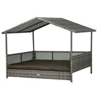 HKM-6410685 Charcoal Gray Rattan Outdoor Dog Bed with Canopy and Comfortable Cushion for Medium to Large Dogs