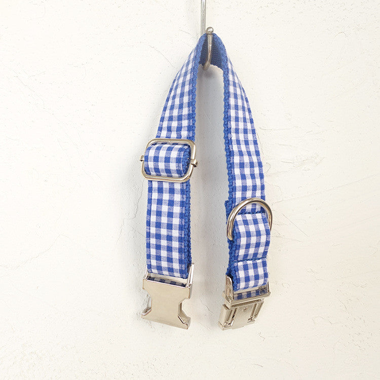 HKM-6414013 Blue Plaid Polyester Fiber Dog Collar for Comfort and Style