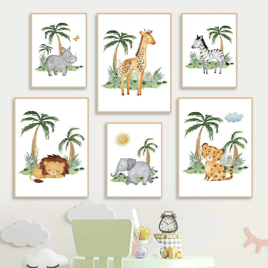 HKM-641491 Jungle Animal Nursery Wall Art Canvas - Lion, Elephant, Giraffe Design for Kids' Room Decor