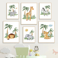 HKM-641491 Jungle Animal Nursery Wall Art Canvas - Lion, Elephant, Giraffe Design for Kids' Room Decor