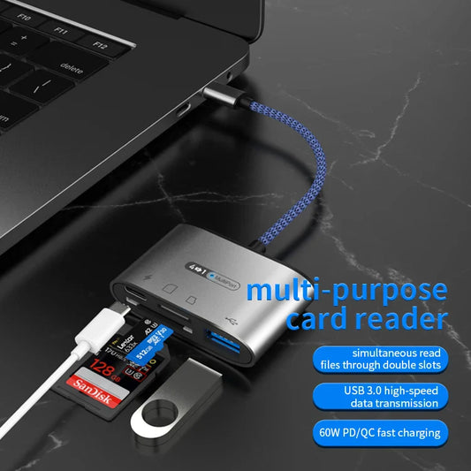 HKM-641555 4-in-1 Type-C Multi-Function Card Reader with Charging Port for SD/TF USB Memory Cards, Compatible with iPad, Huawei, Xiaomi