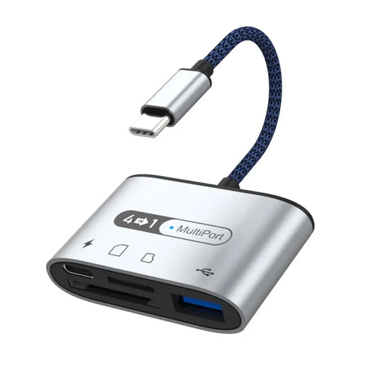HKM-641555 4-in-1 Type-C Multi-Function Card Reader with Charging Port for SD/TF USB Memory Cards, Compatible with iPad, Huawei, Xiaomi