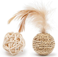 HKM-641683 Plant Straw Braided Bell and Double Ball Set for Cats - Natural Rattan with Feathers and Metal Bells