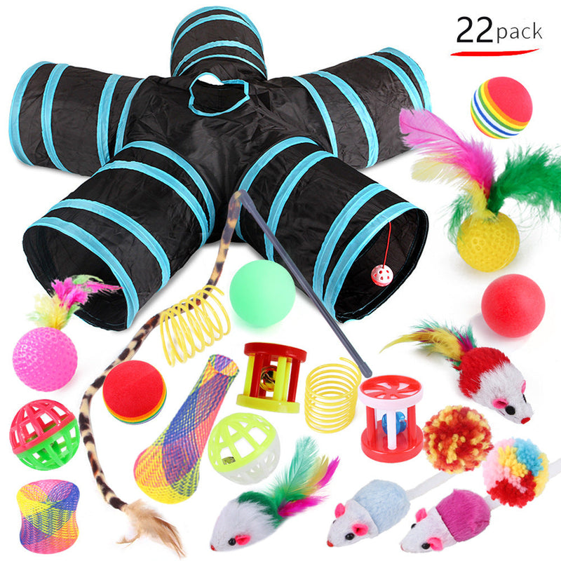 HKM-6417085 22-Piece Interactive Cat Toy Set with Tunnel and Assorted Accessories