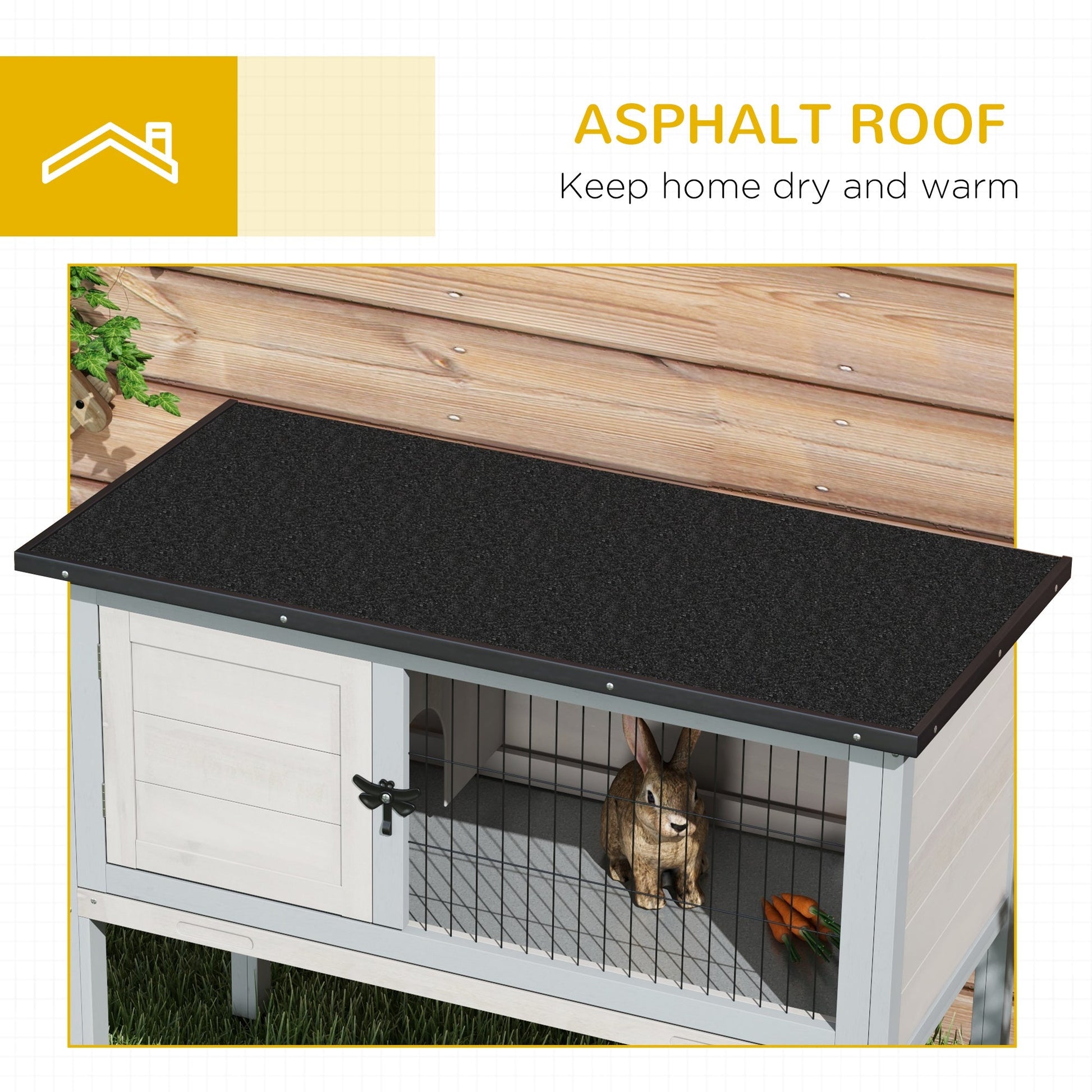 HKM-6421437 Compact Elevated Rabbit Hutch with Asphalt Roof and Removable Tray for Easy Cleaning