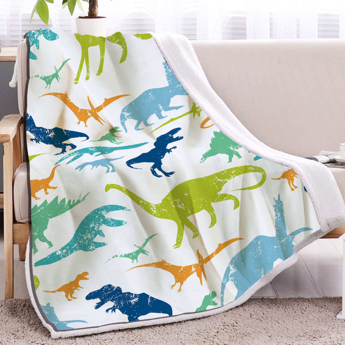 HKM-642643 Cute Dinosaur Sherpa Fleece Blanket – Soft, Warm Multi-Purpose Throw for Sofa, Office, Camping