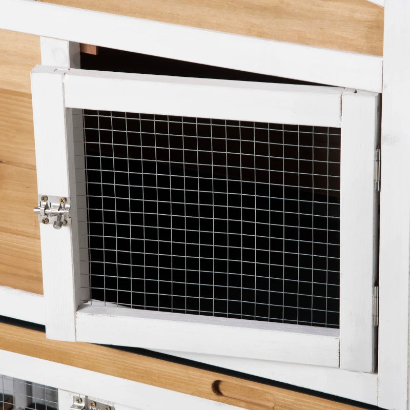 HKM-6427197 Spacious Wooden Rabbit Hutch with Double-Side Run, Leak-Proof Tray, and Ramp for Small Animals