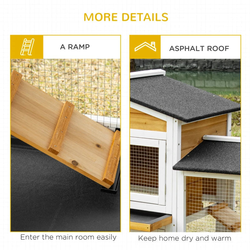 HKM-6427197 Spacious Wooden Rabbit Hutch with Double-Side Run, Leak-Proof Tray, and Ramp for Small Animals