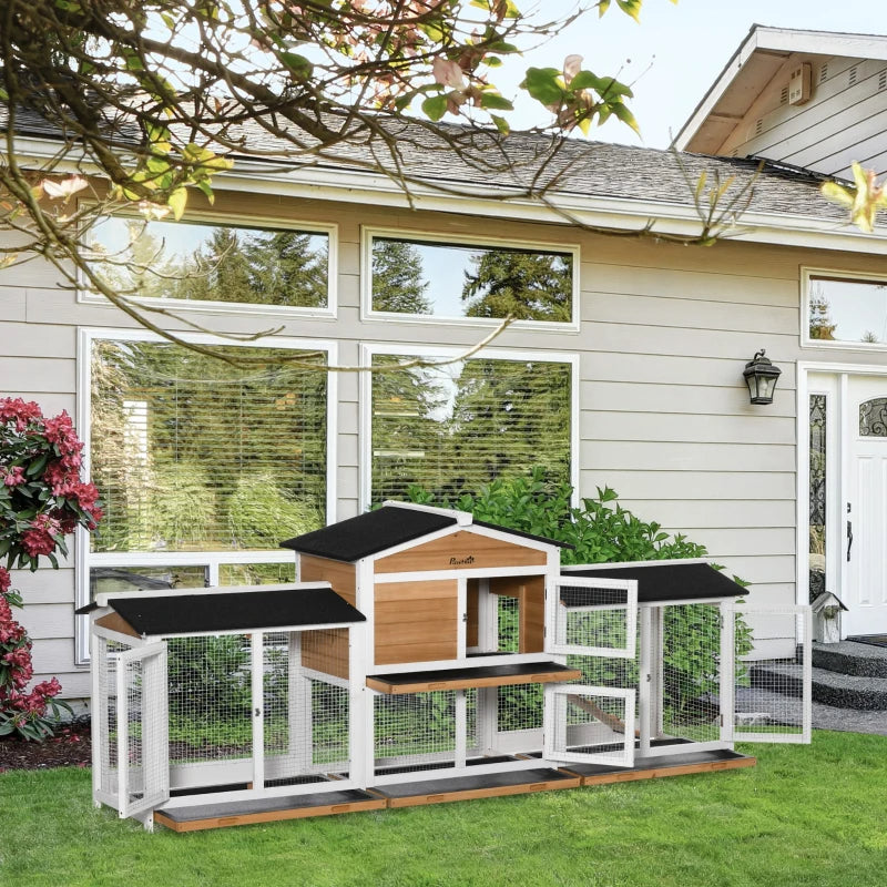 HKM-6427197 Spacious Wooden Rabbit Hutch with Double-Side Run, Leak-Proof Tray, and Ramp for Small Animals