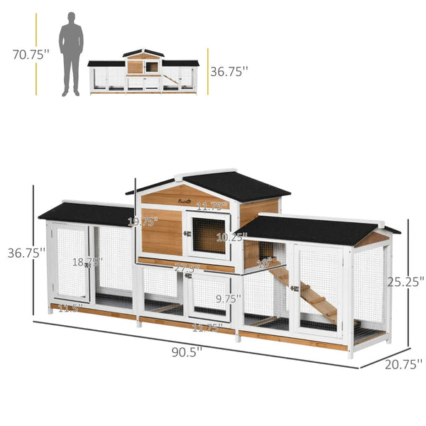 HKM-6427197 Spacious Wooden Rabbit Hutch with Double-Side Run, Leak-Proof Tray, and Ramp for Small Animals