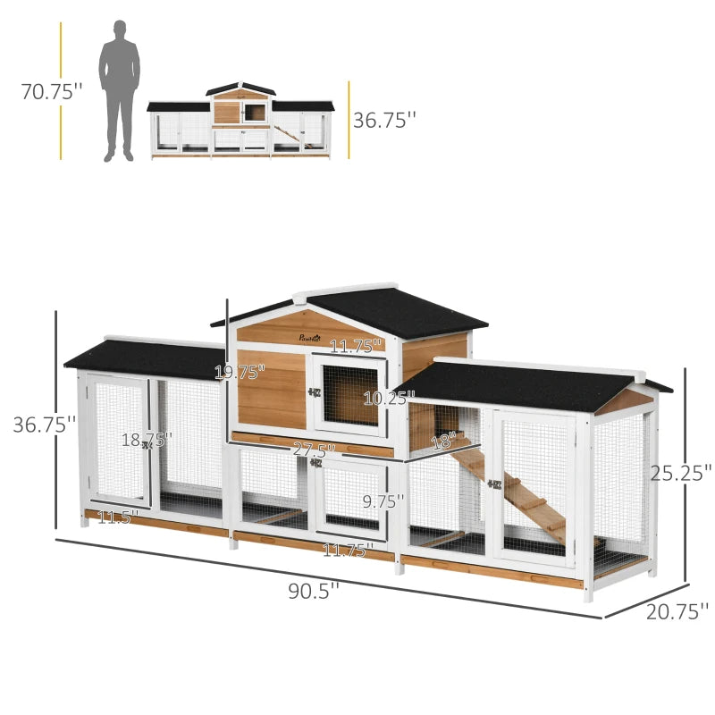 HKM-6427197 Spacious Wooden Rabbit Hutch with Double-Side Run, Leak-Proof Tray, and Ramp for Small Animals