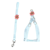 HKM-6433085 Dog Flower Traction Rope with Chest and Back Harness - Pink and Blue Options, Polyester Material