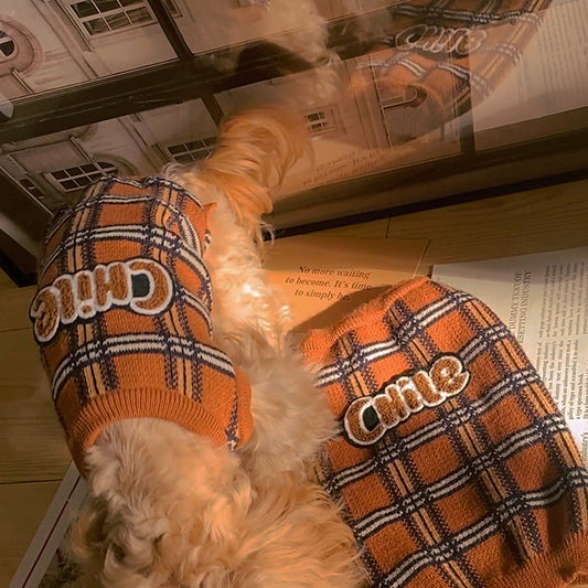 HKM-6437053 Vintage Plaid Cat Sweater in Brown - Comfortable and Stylish Pet Apparel for All Sizes