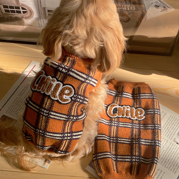 HKM-6437053 Vintage Plaid Cat Sweater in Brown - Comfortable and Stylish Pet Apparel for All Sizes
