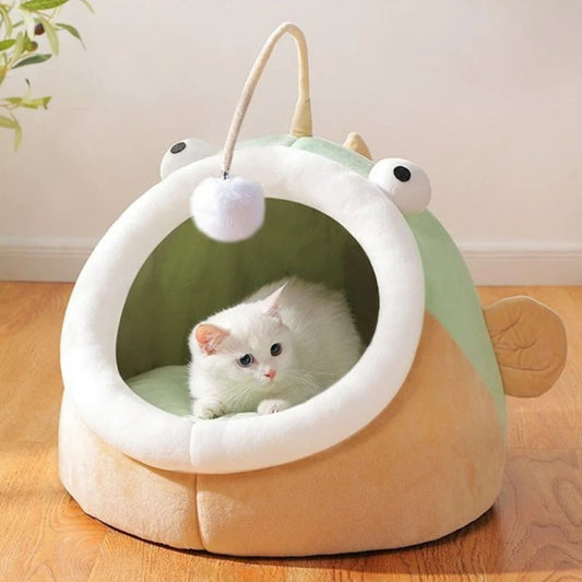 HKM-6439101 Winter Cat Nest Lantern House - Semi-closed Deerskin Velvet Small Dog Kennel for Cozy Comfort, Suitable for Multiple Cats