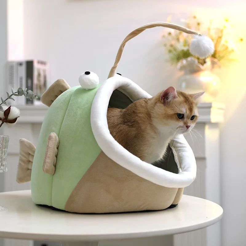 HKM-6439101 Winter Cat Nest Lantern House - Semi-closed Deerskin Velvet Small Dog Kennel for Cozy Comfort, Suitable for Multiple Cats
